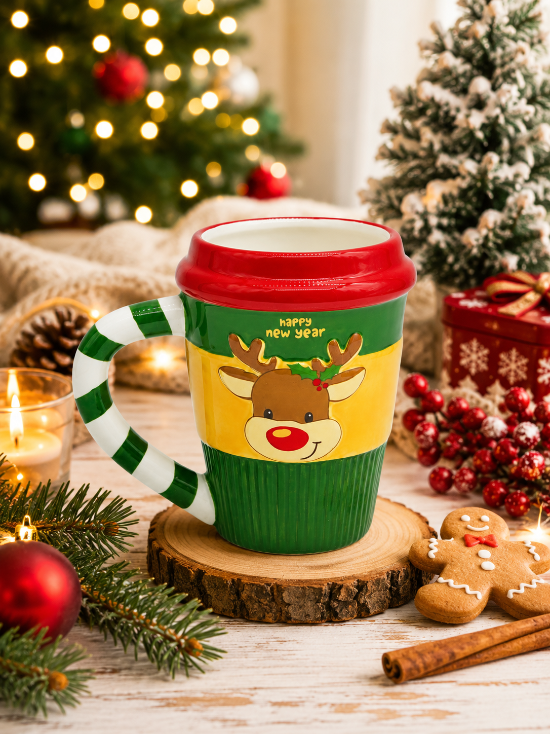 Yılbaşı Temalı El Yapımı Geyik Kupa, Hediyelik Kupa, Mug, 400 ml